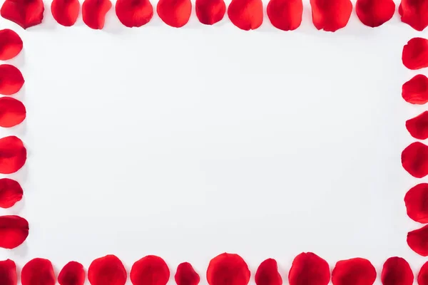 Bovenaanzicht Van Vierkant Floral Badrand Met Rode Rozenblaadjes Wit Met — Stockfoto