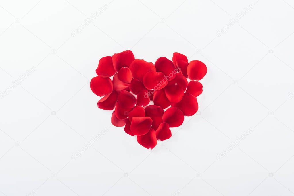 top view of heart made of red rose petals isolated on white, st valentines day concept