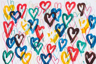 background of abstract colorful painted hearts on white background clipart