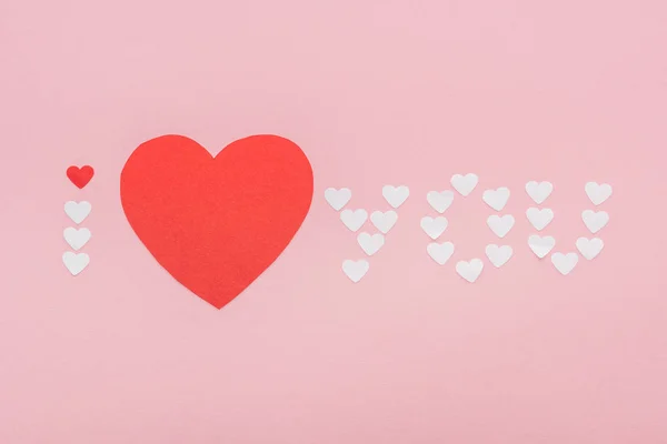 Background Love You Lettering Made Paper Hearts Isolated Pink Valentines — Stock Photo, Image