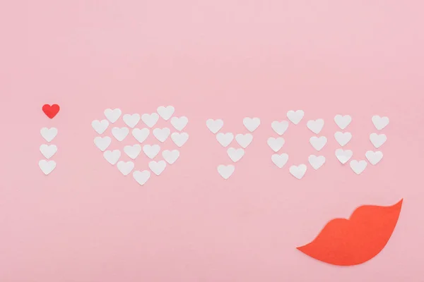 Top View Love You Lettering Made Paper Hearts Isolated Pink — Stock Photo, Image