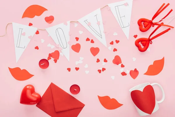 Top View Valentines Decorations Paper Garland Love Lettering Isolated Pink — Stock Photo, Image