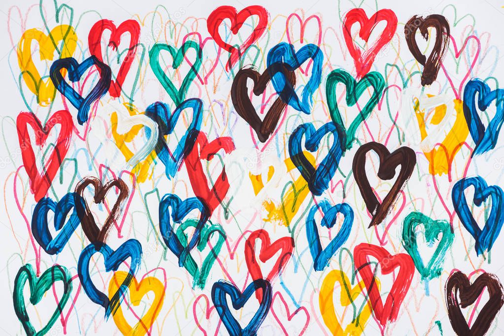 background of abstract colorful painted hearts on white background