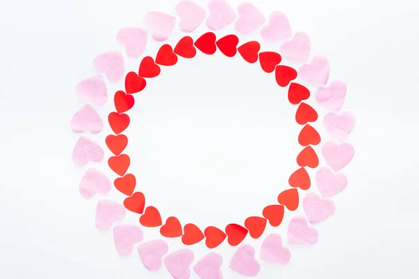 Top View Frame Made Red Pink Paper Hearts Isolated White — Stock Photo, Image