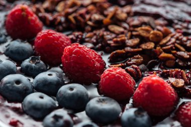 seçici odak yaban mersini, ahududu ve güler yüzlü kabın içinde ev yapımı granola