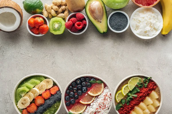 Top View Smoothie Bowls Ingredients Grey Background — Stock Photo, Image