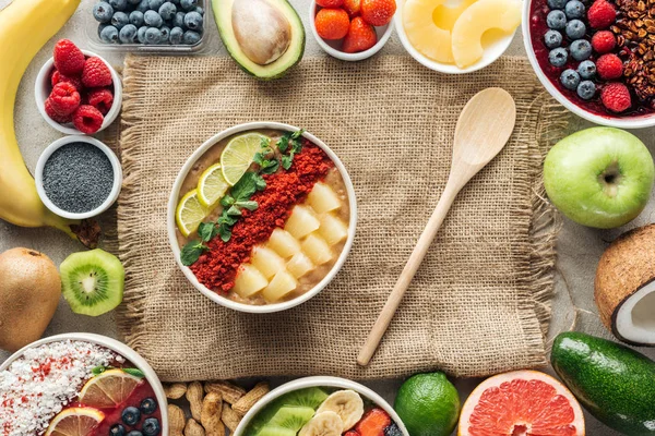 Top View Healthy Smoothie Bowls Frame Made Fresh Organic Ingredients — Stock Photo, Image