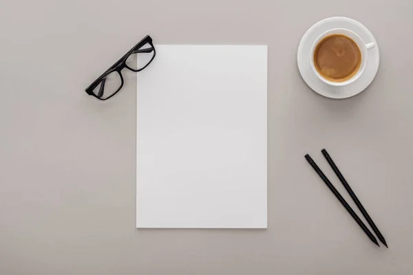 Top View Black Glasses Pencils White Empty Paper Workplace Cup — Stock Photo, Image