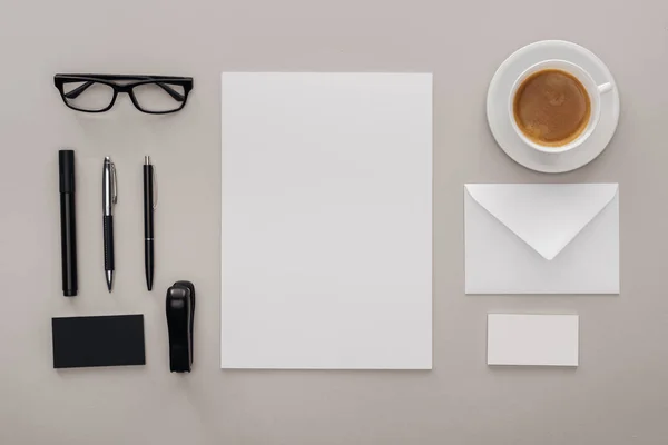 Flat Lay Black Glasses Stationery White Empty Cards Workplace Cup — Stock Photo, Image