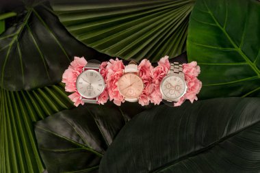 top view of wristwatches lying on blooming pink flowers near green leaves clipart