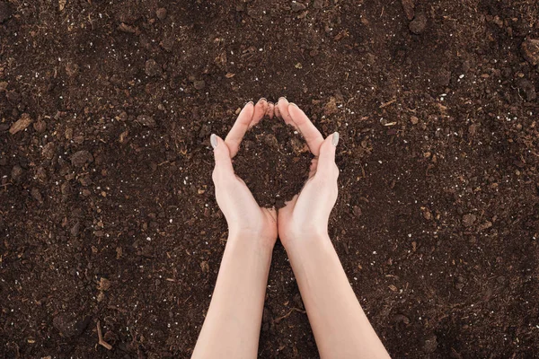 Cropped View Woman Holding Ground Hands Protecting Nature Concept — Stock Photo, Image