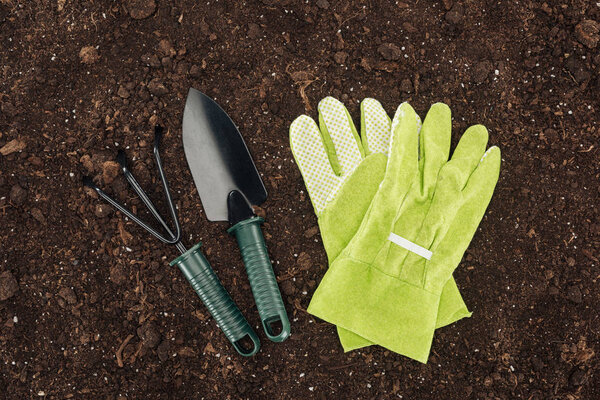 top view of gloves near shovel and rake, protecting nature concept 