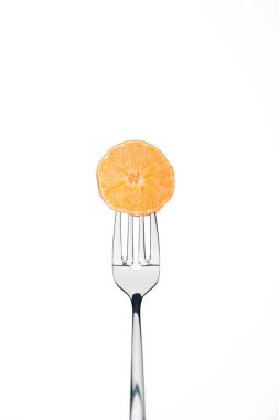 circle slice of fresh juicy mandarin on fork isolated on white clipart