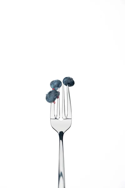 Whole Fresh Ripe Blueberries Fork Isolated White — Stock Photo, Image