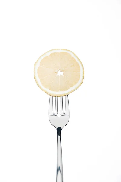 Sircle Slice Fresh Ripe Juicy Lemon Fork Isolated White — Stock Photo, Image