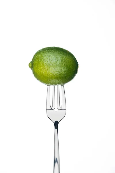 Whole Fresh Ripe Juicy Lime Fork Isolated White — Stock Photo, Image