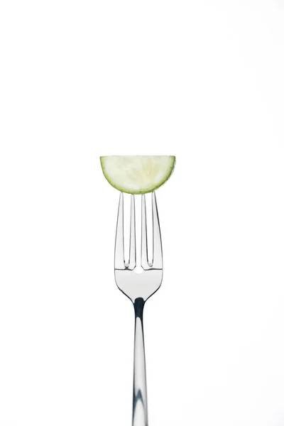 Half Slice Fresh Ripe Cucumber Fork Isolated White — Stock Photo, Image