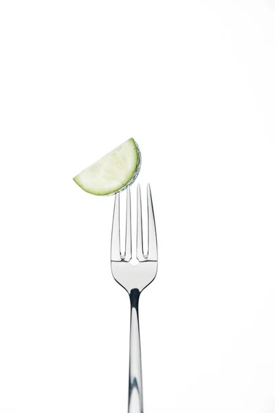 Half Slice Fresh Ripe Cucumber Fork Isolated White — Stock Photo, Image