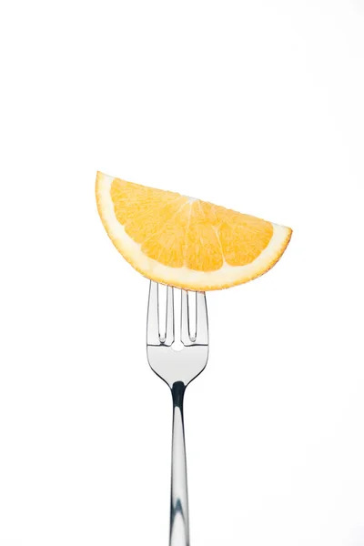 Half Slice Fresh Ripe Sweet Orange Fork Isolated White — Stock Photo, Image