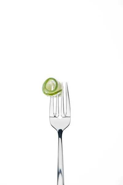 Rolled Slice Fresh Cucumber Fork Isolated White — Stock Photo, Image