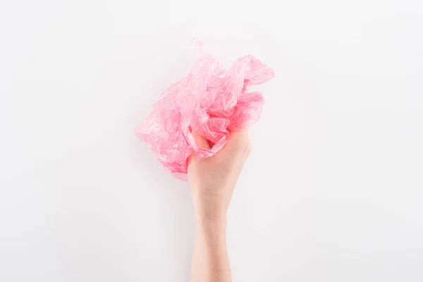 Partial View Woman Holding Pink Plastic Bag Grey Background — Stock Photo, Image