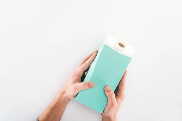 Cropped View Man Holding Empty Carton Bottle Grey Background — Stock Photo, Image