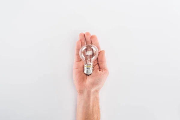 Partial View Man Holding Bulb Grey Background — Stock Photo, Image