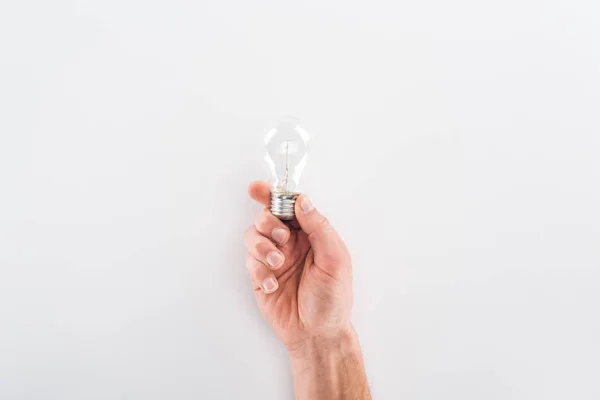 Partial View Man Holding Bulb Grey Background — Stock Photo, Image