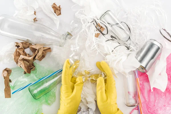 Cropped View Man Holding Empty Plastic Bottle Can Glass Bottles — Stock Photo, Image