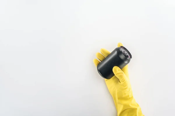 Cropped View Man Yellow Rubber Gloves Holding Empty Black Can — Stock Photo, Image