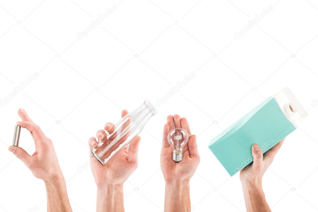 Collage of male hands with glass bottle, carton bottle, bulb and pink plastic bag isolated on white