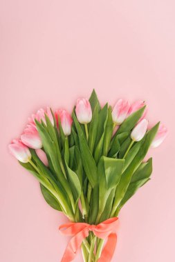 bahar çiçek buketi laleler ve pink izole şerit ile üstten görünüm