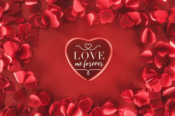 Top View Beautiful Heart Love Forever Lettering Decorative Petals Red — Stock Photo, Image