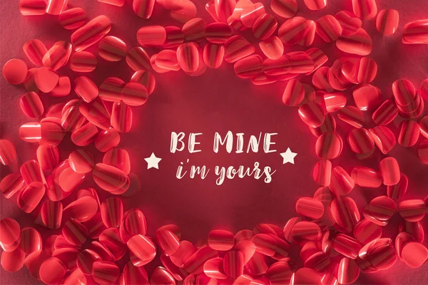 Frame Beautiful Decorative Red Petals Mine Yours Lettering Valentines Day — Stock Photo, Image