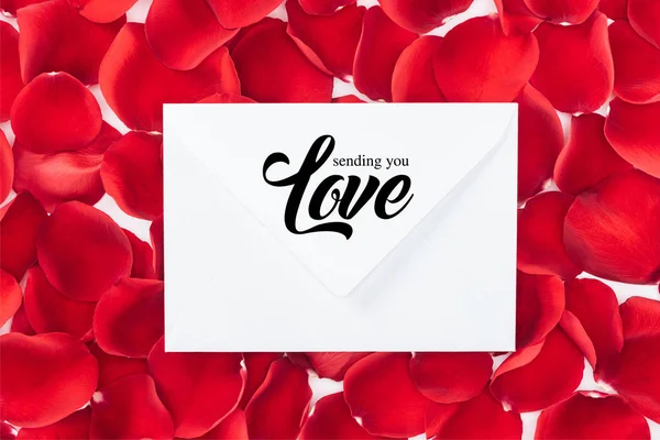 Top View Envelope Sending You Love Lettering Red Rose Petals — Stock Photo, Image