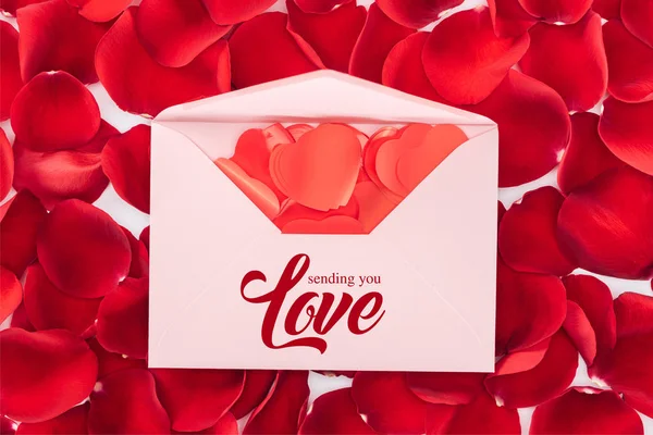 Top View Envelope Sending You Love Lettering Heart Shaped Confetti — Stock Photo, Image