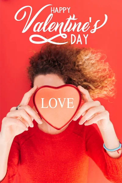 Top View Girl Holding Heart Symbol Love Lettering Front Face — Stock Photo, Image