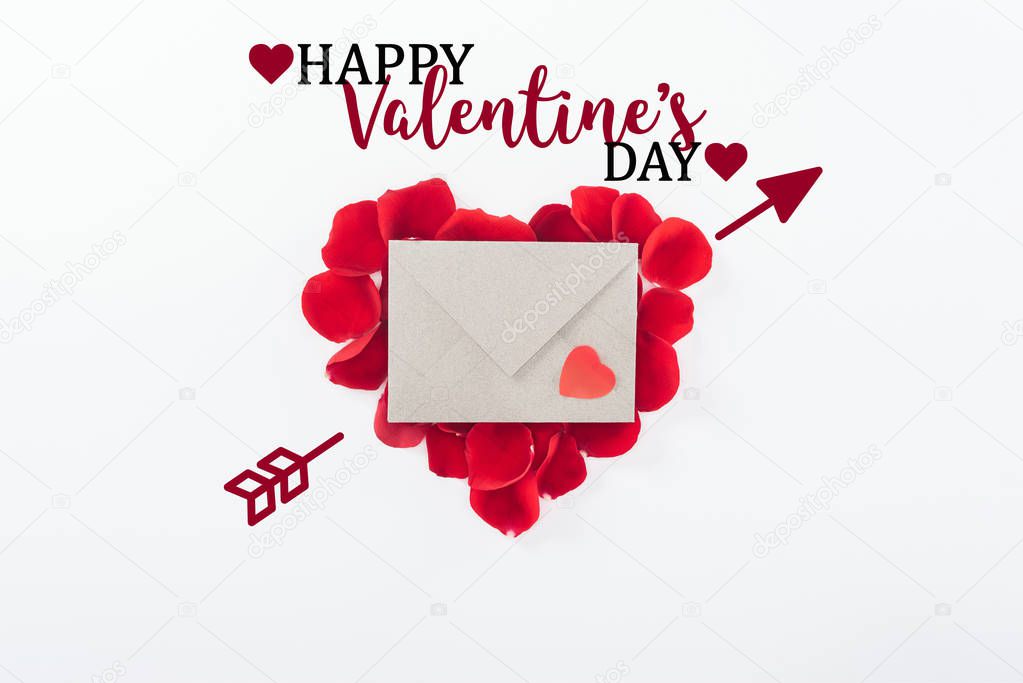 top view of envelope and heart made of red rose petals isolated on white with 
