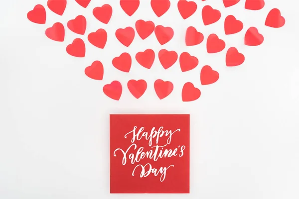 Vlakke Leggen Met Hart Symbolen Envelop Met Happy Valentines Day — Stockfoto