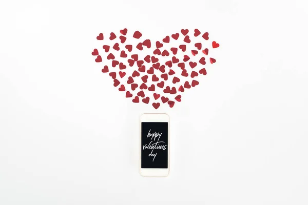Flat Lay Red Heart Symbols Smartphone Happy Valentines Day Lettering — Stock Photo, Image