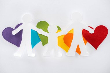 paper cut family and rainbow multicolored paper hearts on grey background, lgbt concept clipart