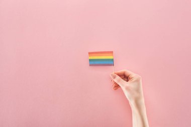 El kağıt gökkuşağı bayrağı ile kısmi görünümünü pembe arka plan, lgbt kavramı üzerinde