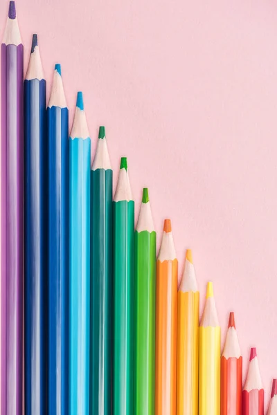 Top View Rainbow Multicolored Pencils Arranged Diagonal Line Pink Background — Stock Photo, Image