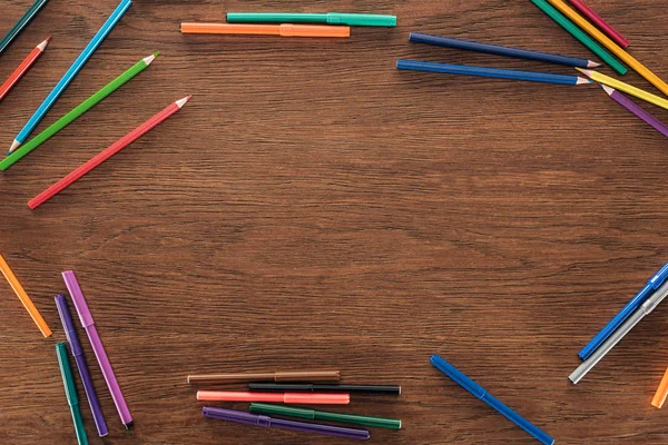 Color Pencils Felt Pens Brown Wooden Surface — Stock Photo, Image