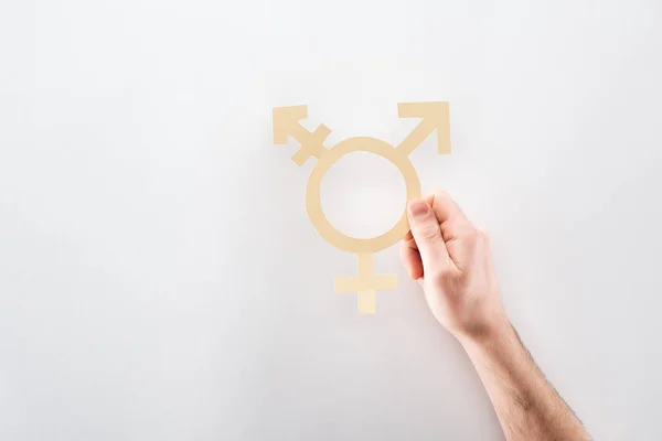 Cropped View Male Hand Paper Cut Gender Sign Grey Background — Stock Photo, Image