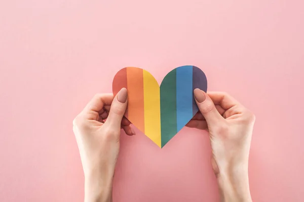 Cropped View Woman Holding Rainbow Colored Paper Heart Pink Background — Stock Photo, Image