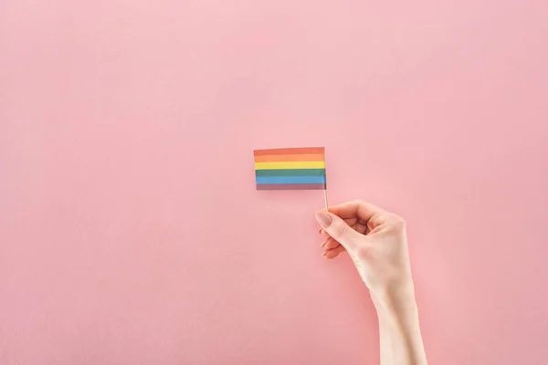 Lgbt の概念 ピンクの背景の紙の虹色の旗を持つ女性の手の部分ビュー — ストック写真