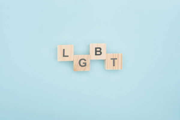 Top View Lgbt Lettering Made Wooden Cubes Blue Background — Stock Photo, Image