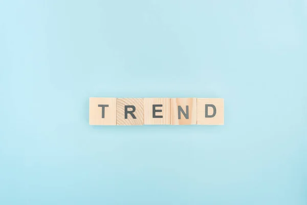 Top View Trend Lettering Made Wooden Cubes Blue Background — Stock Photo, Image