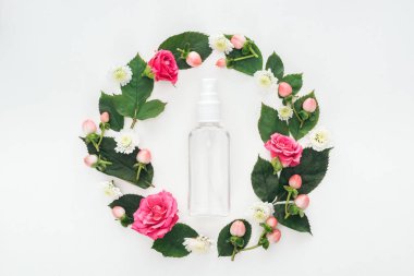top view of circular composition with green leaves, flowers and empty spray bottle isolated on white clipart
